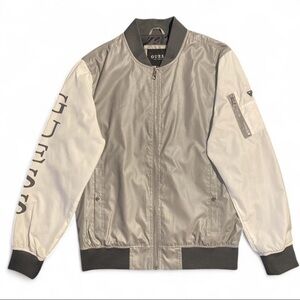 GUESS Men's Silver and White Bomber Jacket